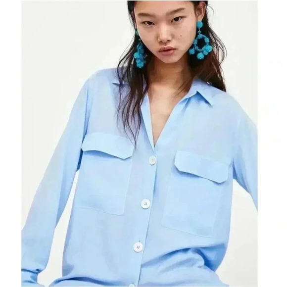 NWT Zara Light Blue Oversized Pocket Long Sleeve Button-Down Shirt Size XS - Picture 1 of 8